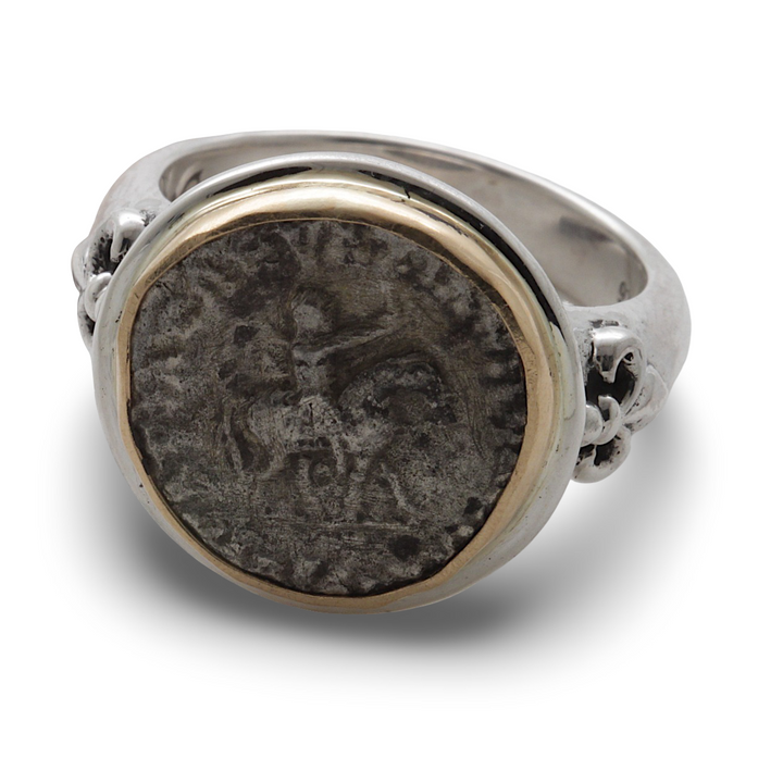 Indo-Scythian Drachma Coin, Silver Ring, 18K Gold Bezel, 8041