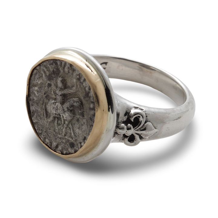 Indo-Scythian Drachma Coin, Silver Ring, 18K Gold Bezel, 8041