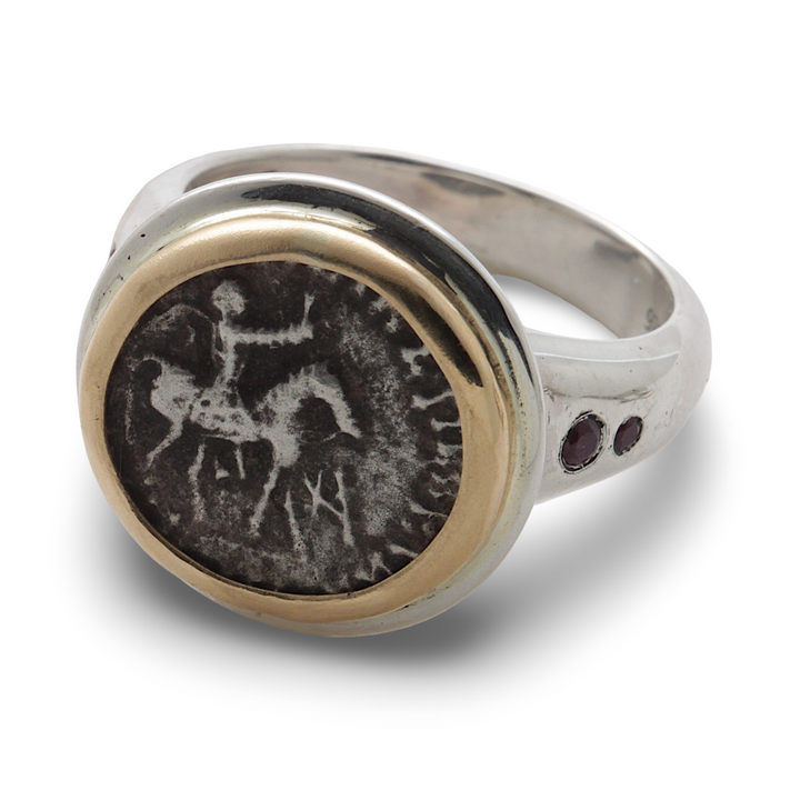 Indo-Scythian Drachma Coin, Silver Ring, 18K Gold Bezel, Ruby Accents, 8042