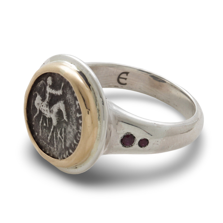 Indo-Scythian Drachma Coin, Silver Ring, 18K Gold Bezel, Ruby Accents, 8042