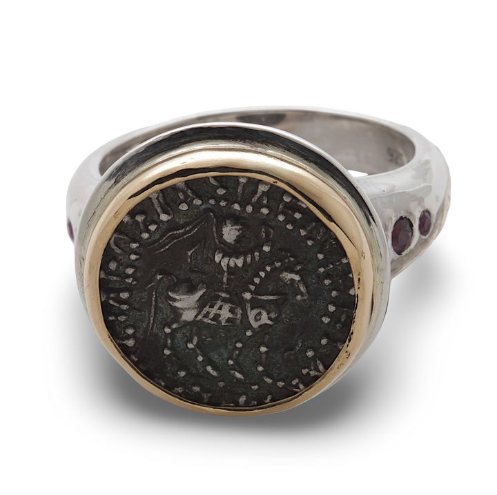 Indo-Scythian Drachma Coin, Silver Ring, 18K Gold Bezel, Ruby Accents, 8043