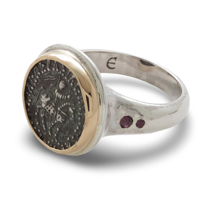 Indo-Scythian Drachma Coin, Silver Ring, 18K Gold Bezel, Ruby Accents, 8043