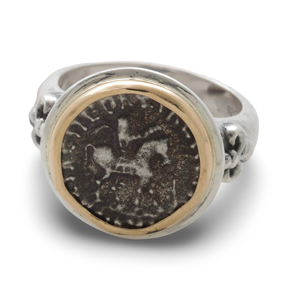 Indo-Scythian Drachma Coin, Silver Ring, 18K Gold Bezel, 8044