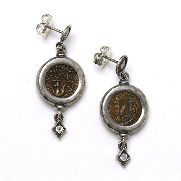 Sterling Silver Earrings, CZ Accents, Widows Mite Prutah Coins, 8027