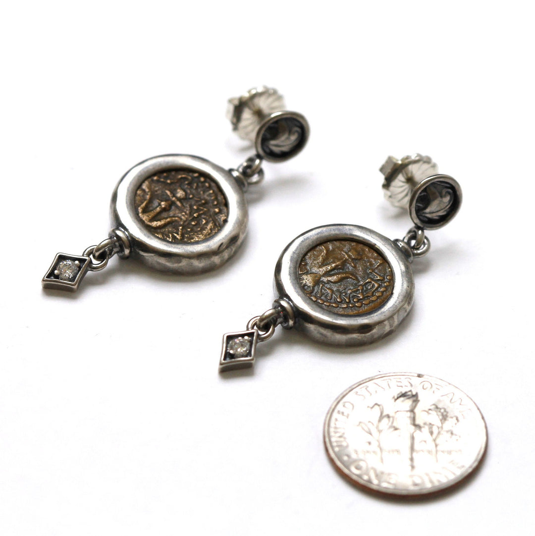 Sterling Silver Earrings, CZ Accents, Widows Mite Prutah Coins, 8027