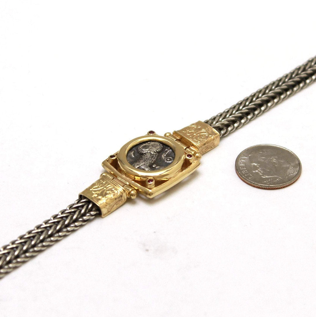 14K Gold and Sterling Silver Bracelet, Ruby Accents, Arabian Owl Drachma, ID13471