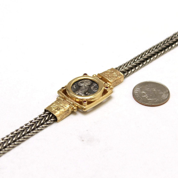 14K Gold and Sterling Silver Bracelet, Ruby Accents, Arabian Owl Drachma, ID13471
