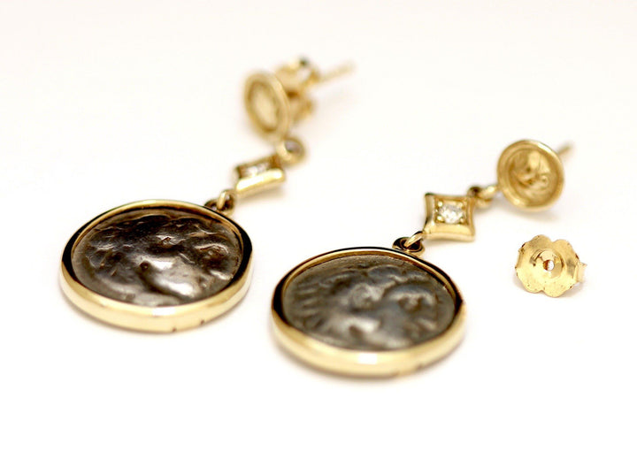 14K Gold Earrings, Diamonds, Alexander The Great, Greek Coin, Certificate - Erez Ancient Coin Jewelry