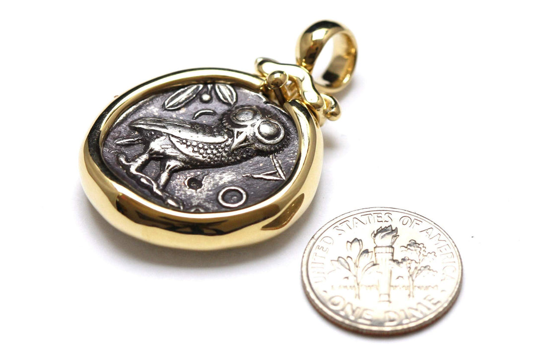 14K Gold Pendant, Owl/Athena, Arabian Drachma, ID13564