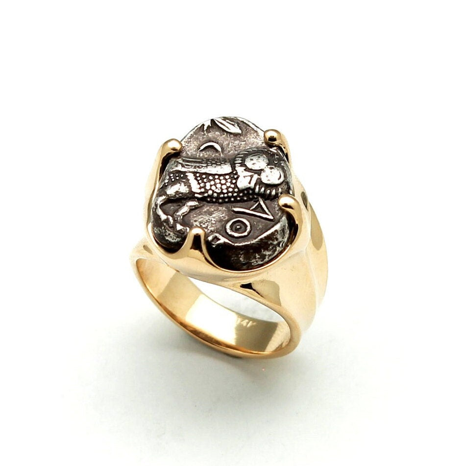 14K Solid Gold Ring, Athena Owl, Attica, Genuine Ancient Coin, ID13870