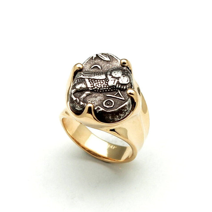 14K Solid Gold Ring, Athena Owl, Attica, Genuine Ancient Coin, ID13870