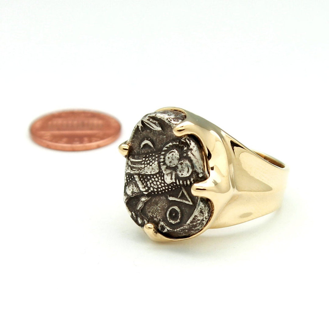 14K Solid Gold Ring, Athena Owl, Attica, Genuine Ancient Coin, ID13870
