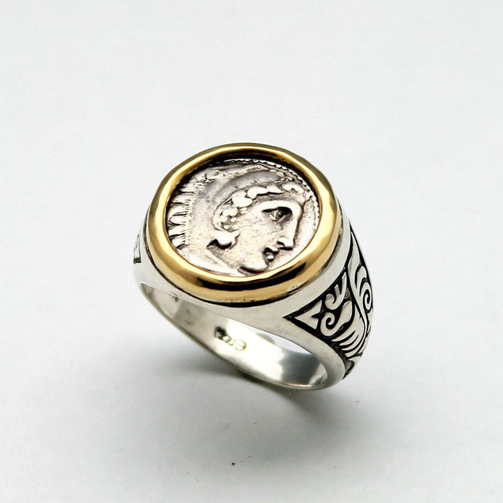 18K Gold Bezel, Sterling Silver Engraved Ring, Alexander the Great, Ancient Drachm Coin, ID13725