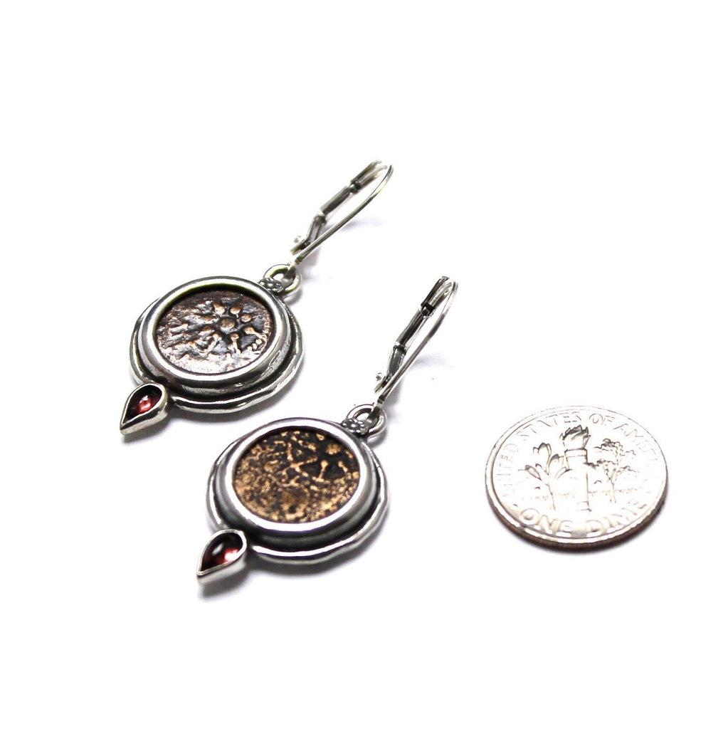 Sterling Silver Earrings, Garnet Accents, Widows Mite Prutah Coins, 7196