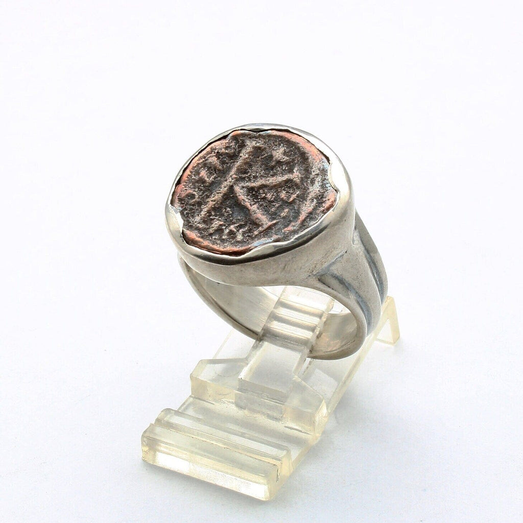Sterling Silver Ring, Byzantine K, Ancient Bronze Coin, 00225