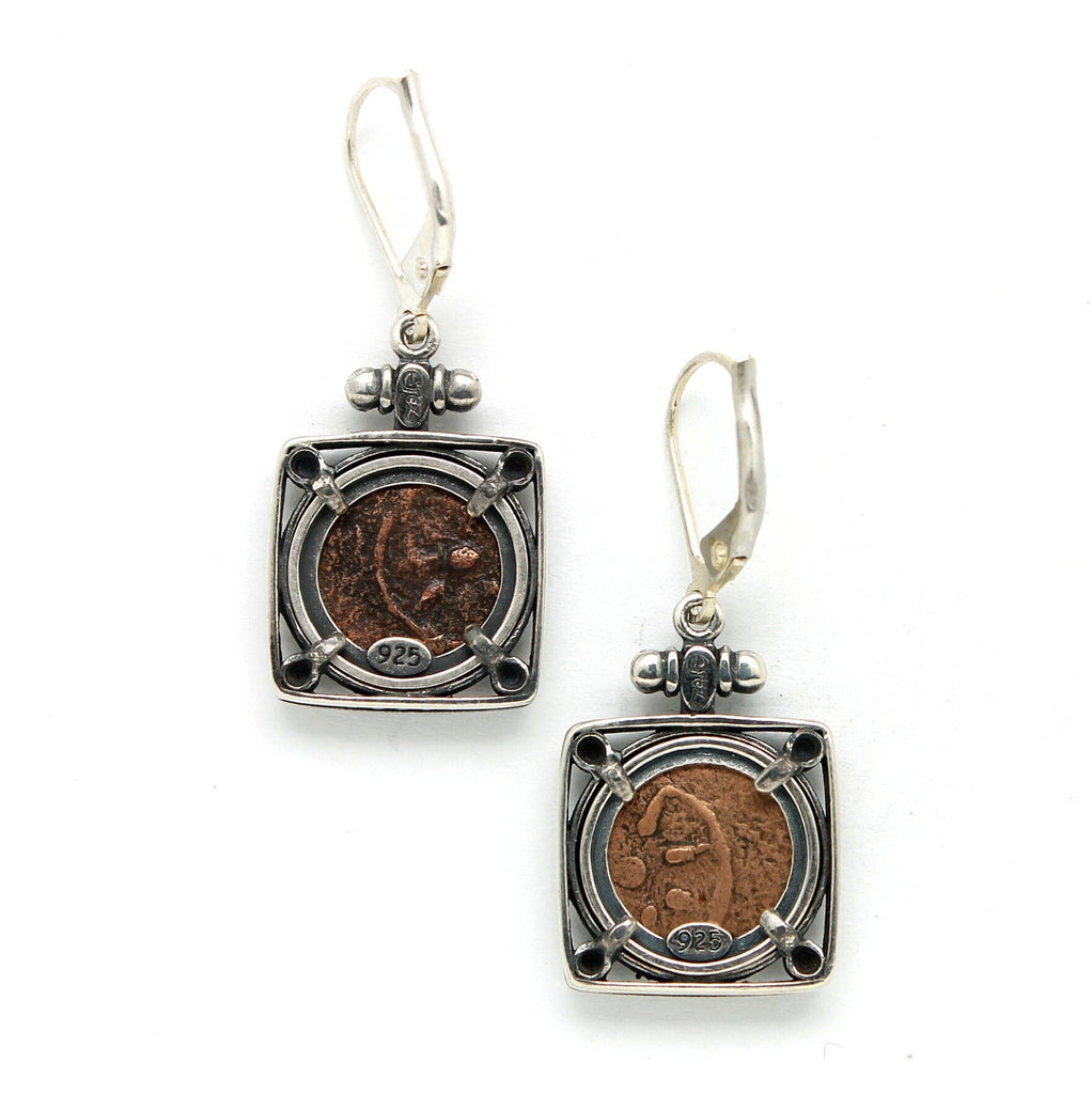 Sterling Silver Square Earrings, Widows Mite Prutah Coins, 8025