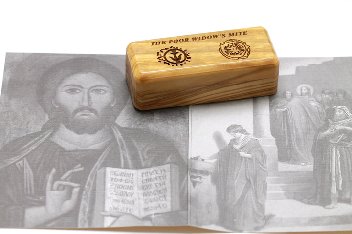 Two Widows Mite Coins in Olive Wood Box, Ancient Alexander Janneus Coin