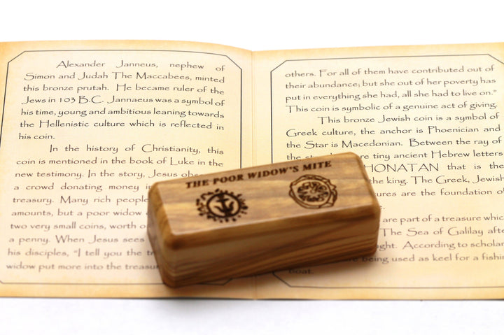 Two Widows Mite Coins in Olive Wood Box, Ancient Alexander Janneus Coin