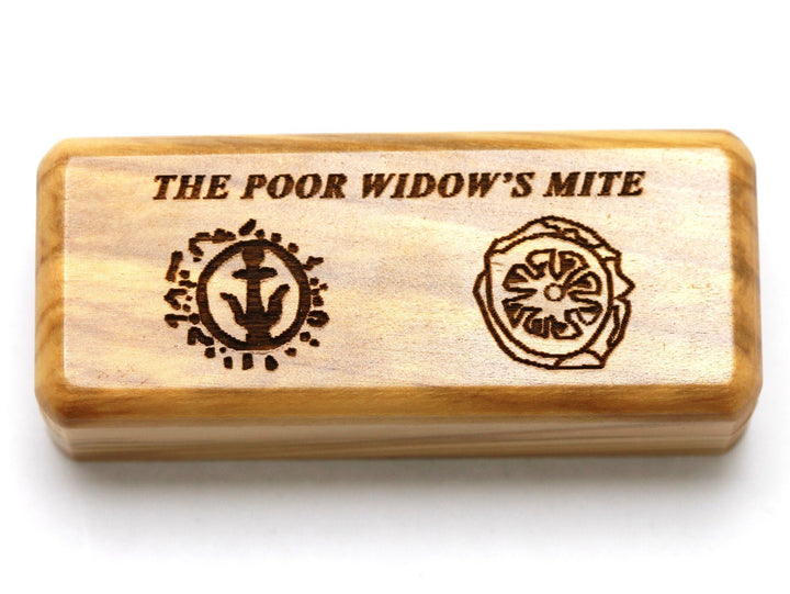 Two Widows Mite Coins in Olive Wood Box, Ancient Alexander Janneus Coin