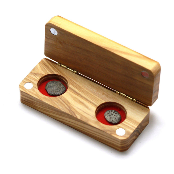 Two Widows Mite Coins in Olive Wood Box, Ancient Alexander Janneus Coin