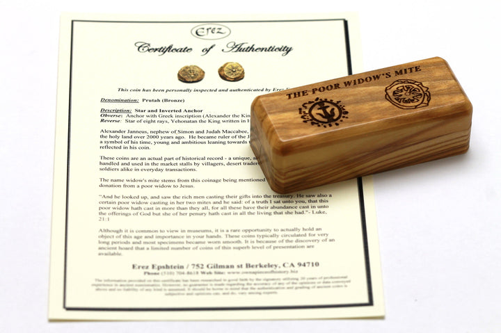 Two Widows Mite Coins in Olive Wood Box, Ancient Alexander Janneus Coin