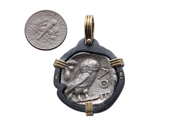 Athena/Owl 4th Cent BC. Greek Tetradrachm. 18K Gold and Sterling Silver Pendant, ID16227