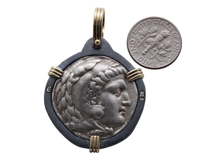 Alexander the Great. Greek Coin. 18K Gold and Sterling Silver Pendant, ID16250