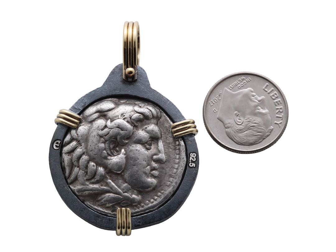 Alexander the Great. Greek Coin. 18K Gold and Sterling Silver Pendant, ID16254