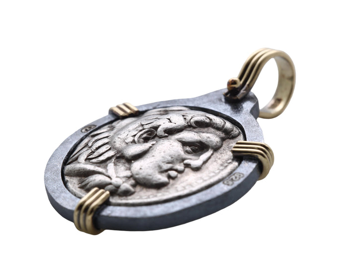 Alexander the Great. Greek Coin. 18K Gold and Sterling Silver Pendant, ID16254