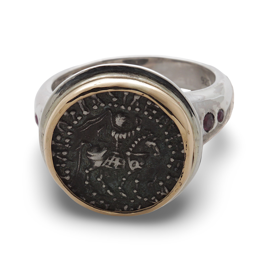 Indo-Scythian Drachma Coin, Silver Ring, 18K Gold Bezel, Ruby Accents, 8043