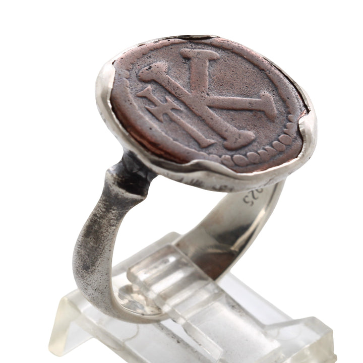 Sterling Silver Ring, Justin I, Byzantine K, 20 Nummia Ancient Bronze Coin, 8133