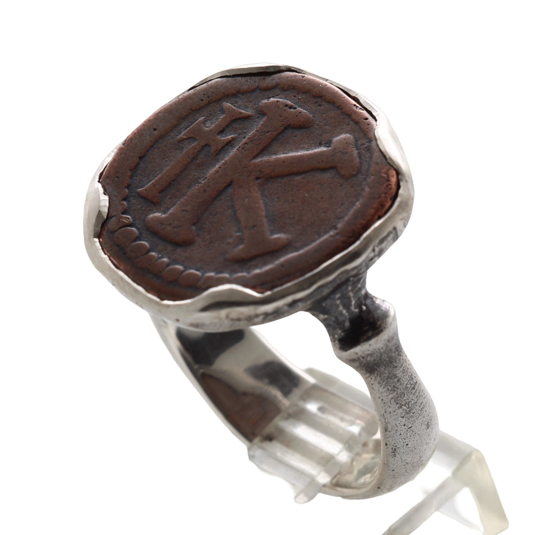 Sterling Silver Ring, Justin I, Byzantine K, 20 Nummia Ancient Bronze Coin, 8133