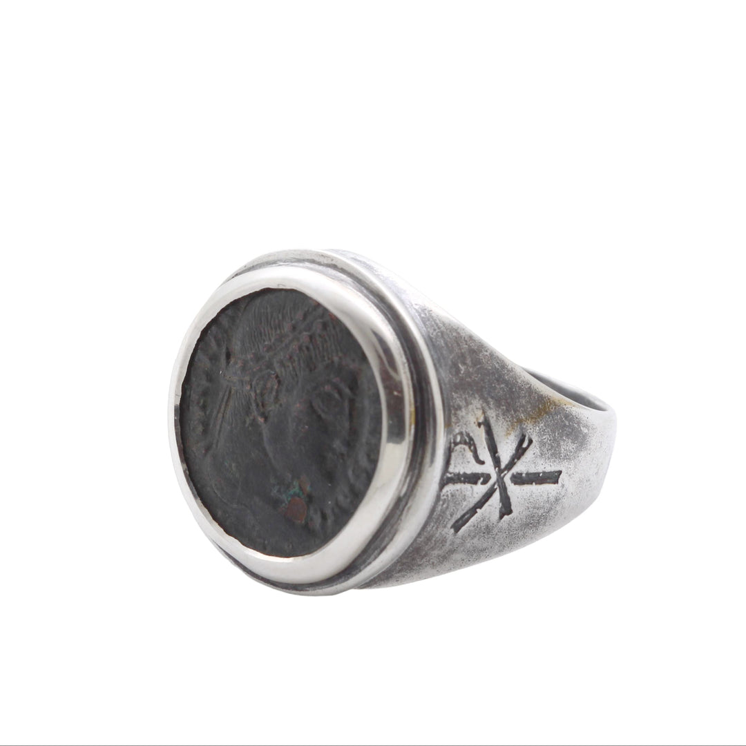 Constantine I (The Great), Sterling Silver Ring, Roman Bronze Coin, 8146