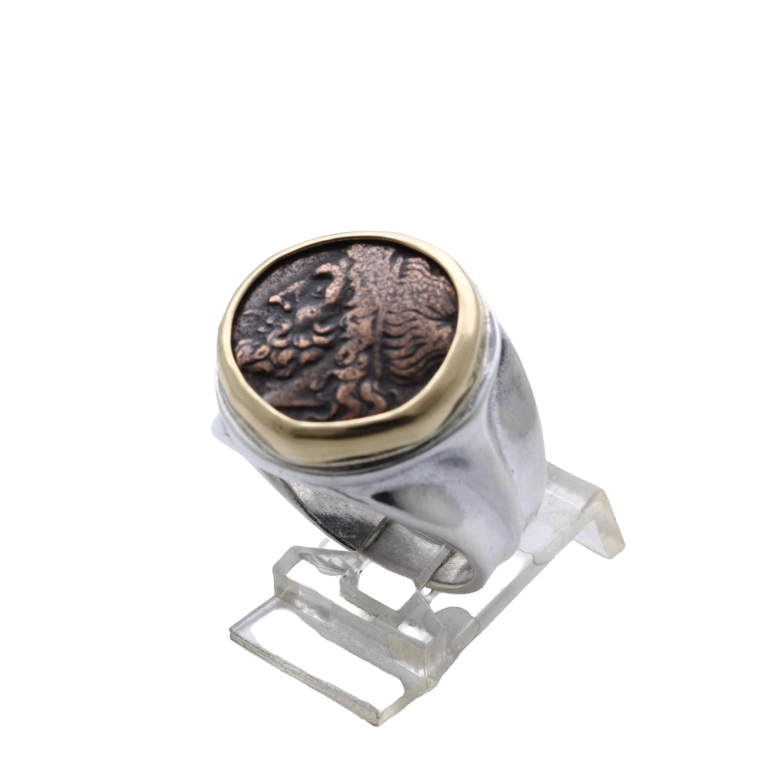 18K Bezel, Sterling Silver Ring, Hieron II, Poseidon and Triden, Ancient Bronze Coin, 8147