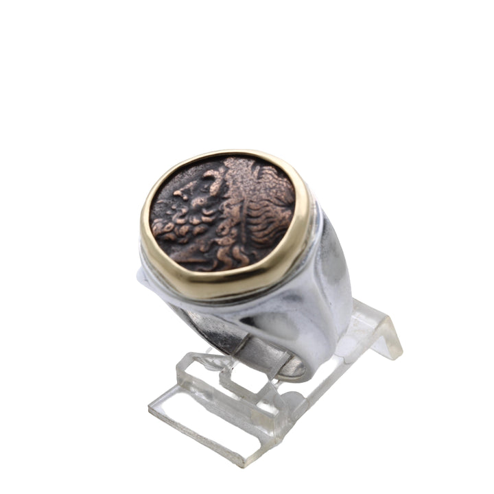 18K Bezel, Sterling Silver Ring, Hieron II, Poseidon and Triden, Ancient Bronze Coin, 8147