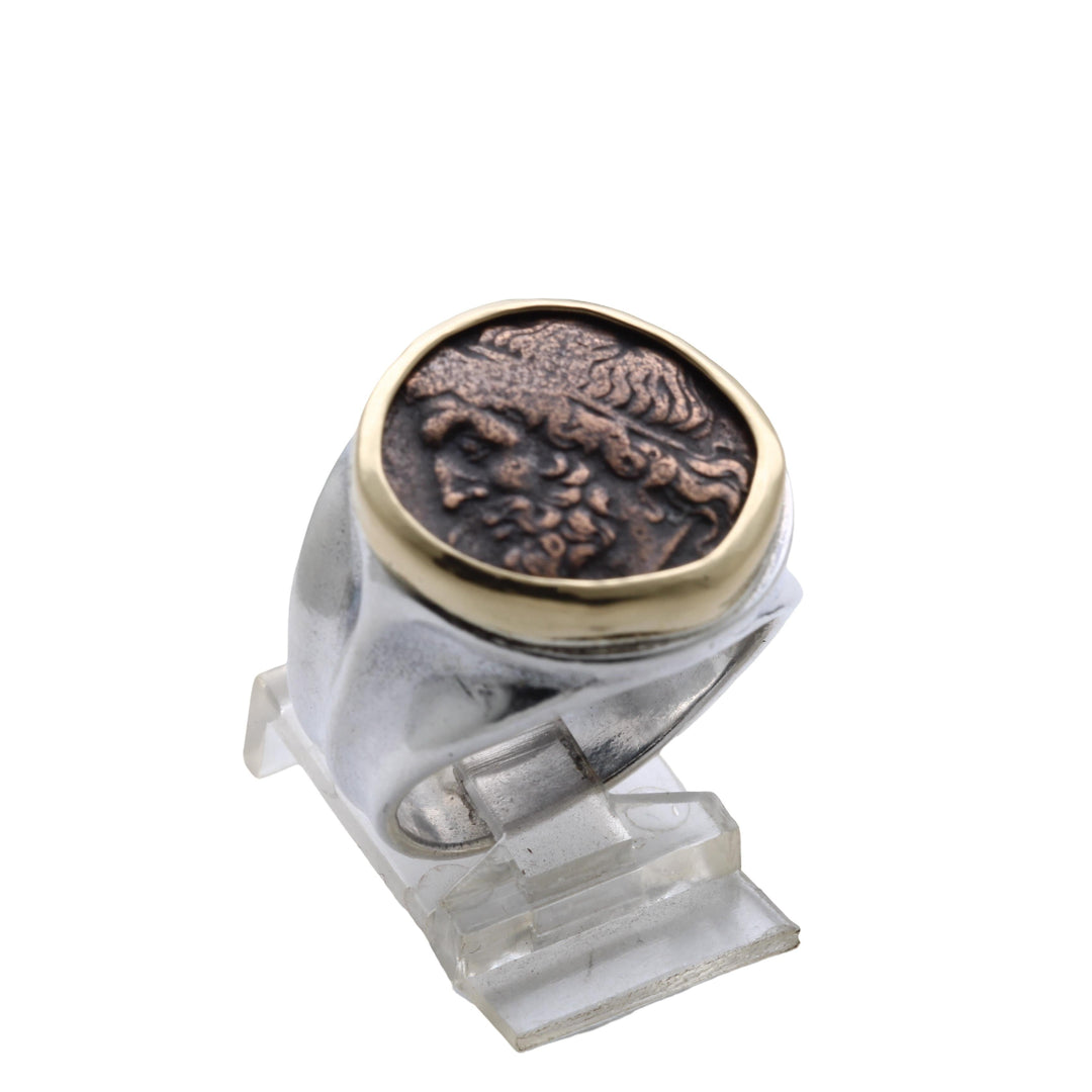 18K Bezel, Sterling Silver Ring, Hieron II, Poseidon and Triden, Ancient Bronze Coin, 8147