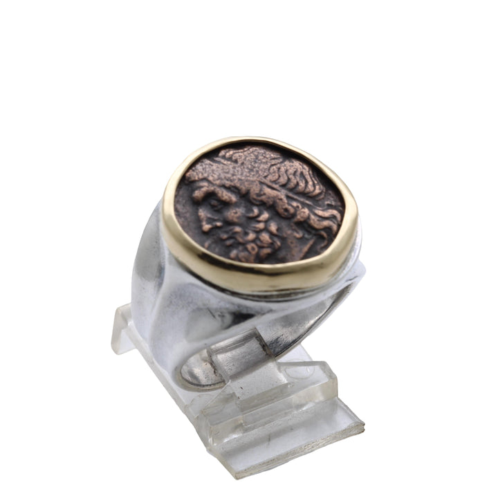 18K Bezel, Sterling Silver Ring, Hieron II, Poseidon and Triden, Ancient Bronze Coin, 8147