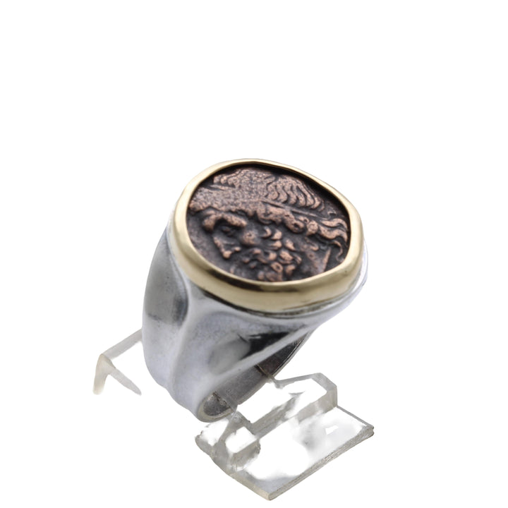 18K Bezel, Sterling Silver Ring, Hieron II, Poseidon and Triden, Ancient Bronze Coin, 8147
