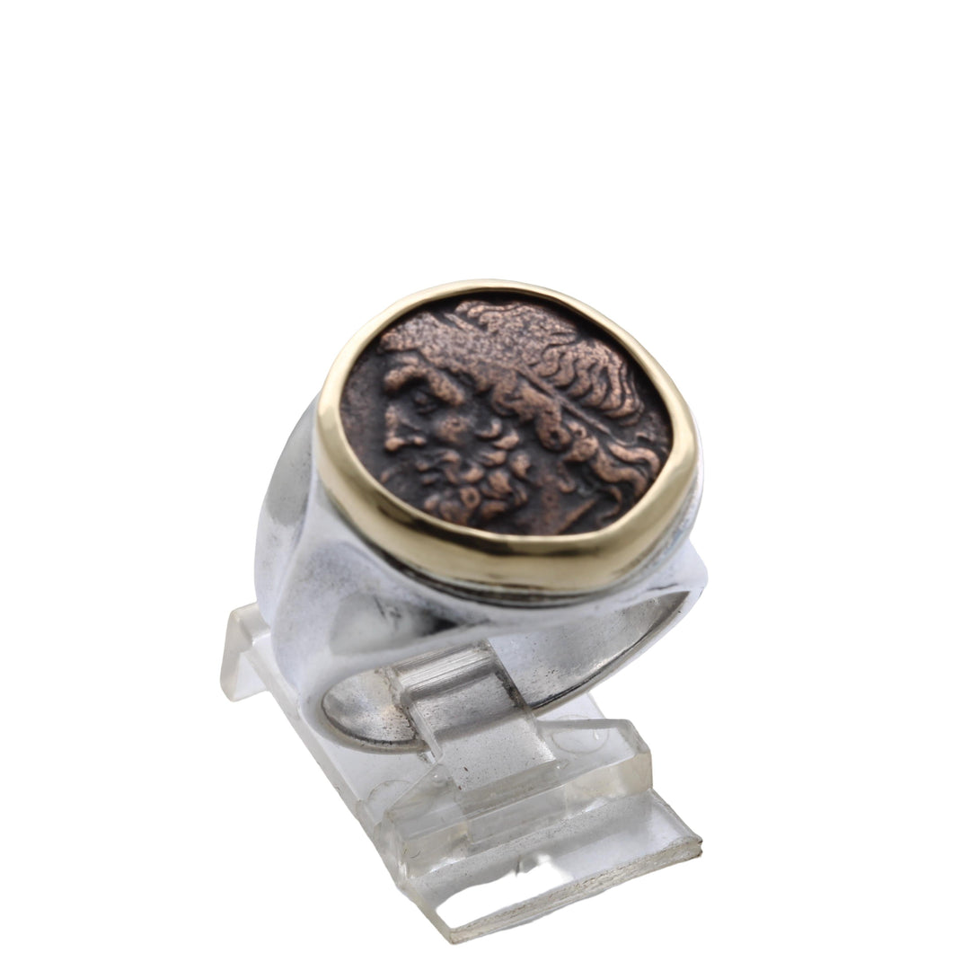 18K Bezel, Sterling Silver Ring, Hieron II, Poseidon and Triden, Ancient Bronze Coin, 8147