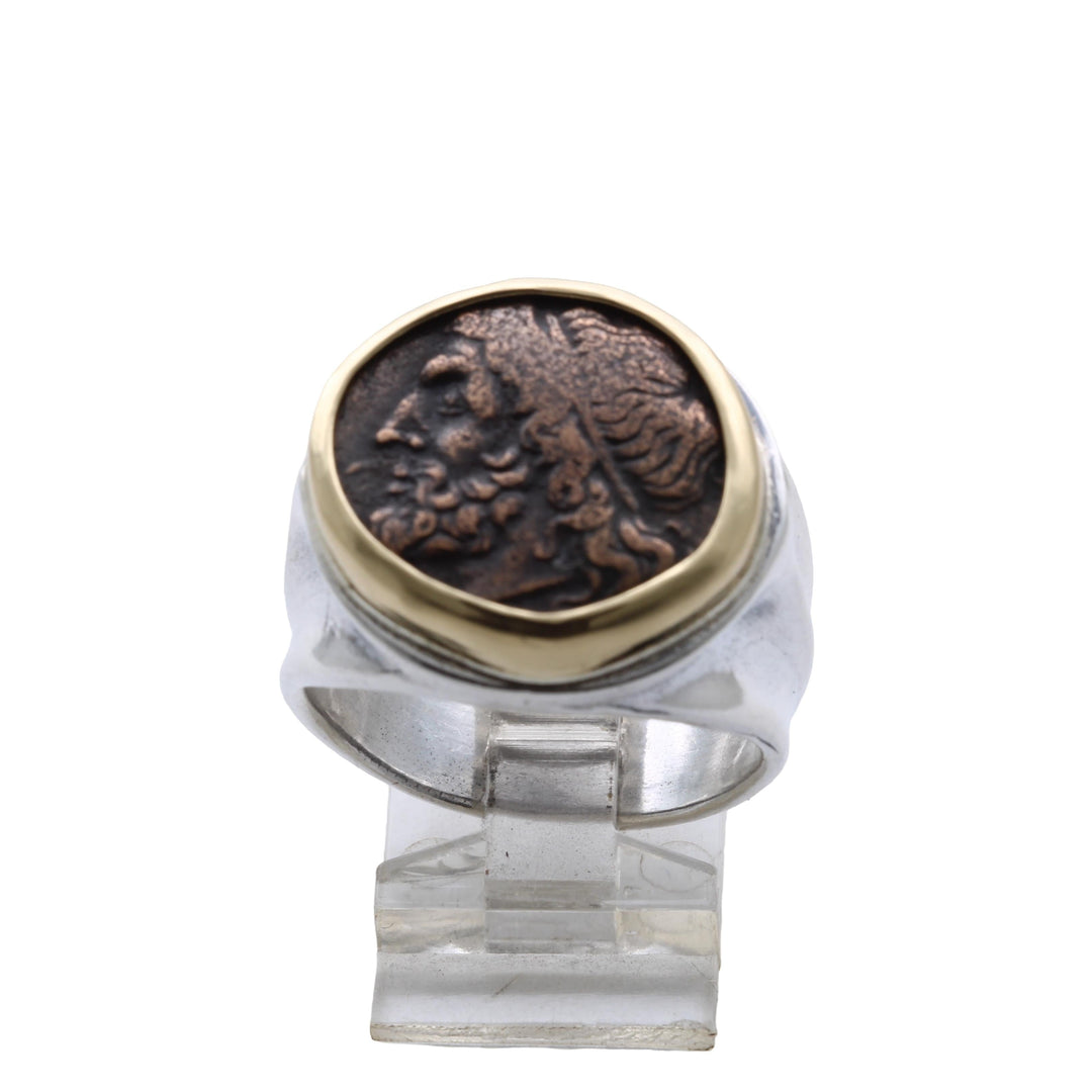 18K Bezel, Sterling Silver Ring, Hieron II, Poseidon and Triden, Ancient Bronze Coin, 8147