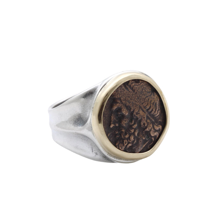 18K Bezel, Sterling Silver Ring, Hieron II, Poseidon and Triden, Ancient Bronze Coin, 8147