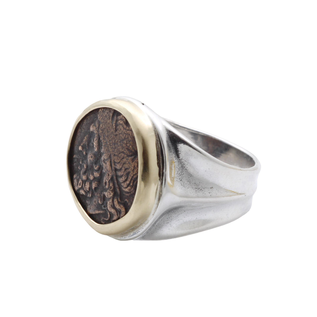 18K Bezel, Sterling Silver Ring, Hieron II, Poseidon and Triden, Ancient Bronze Coin, 8147