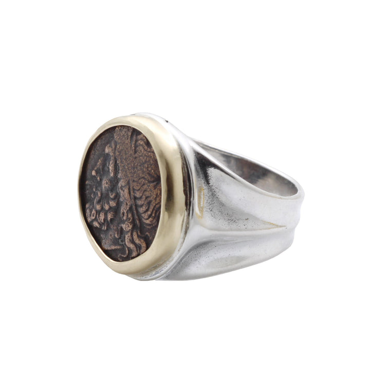 18K Bezel, Sterling Silver Ring, Hieron II, Poseidon and Triden, Ancient Bronze Coin, 8147