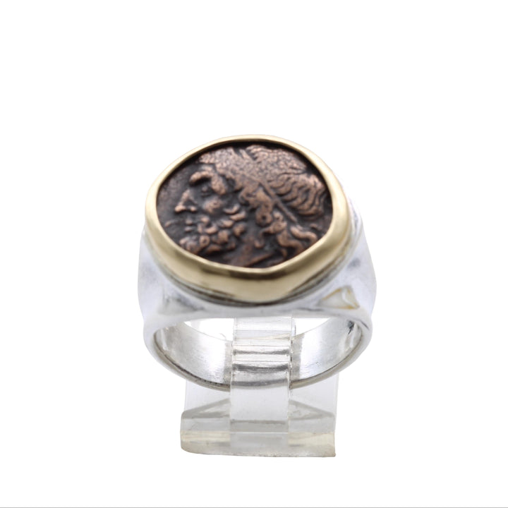 18K Bezel, Sterling Silver Ring, Hieron II, Poseidon and Triden, Ancient Bronze Coin, 8147