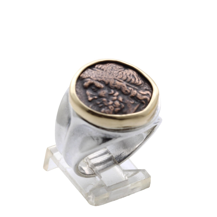 18K Bezel, Sterling Silver Ring, Hieron II, Poseidon and Triden, Ancient Bronze Coin, 8147