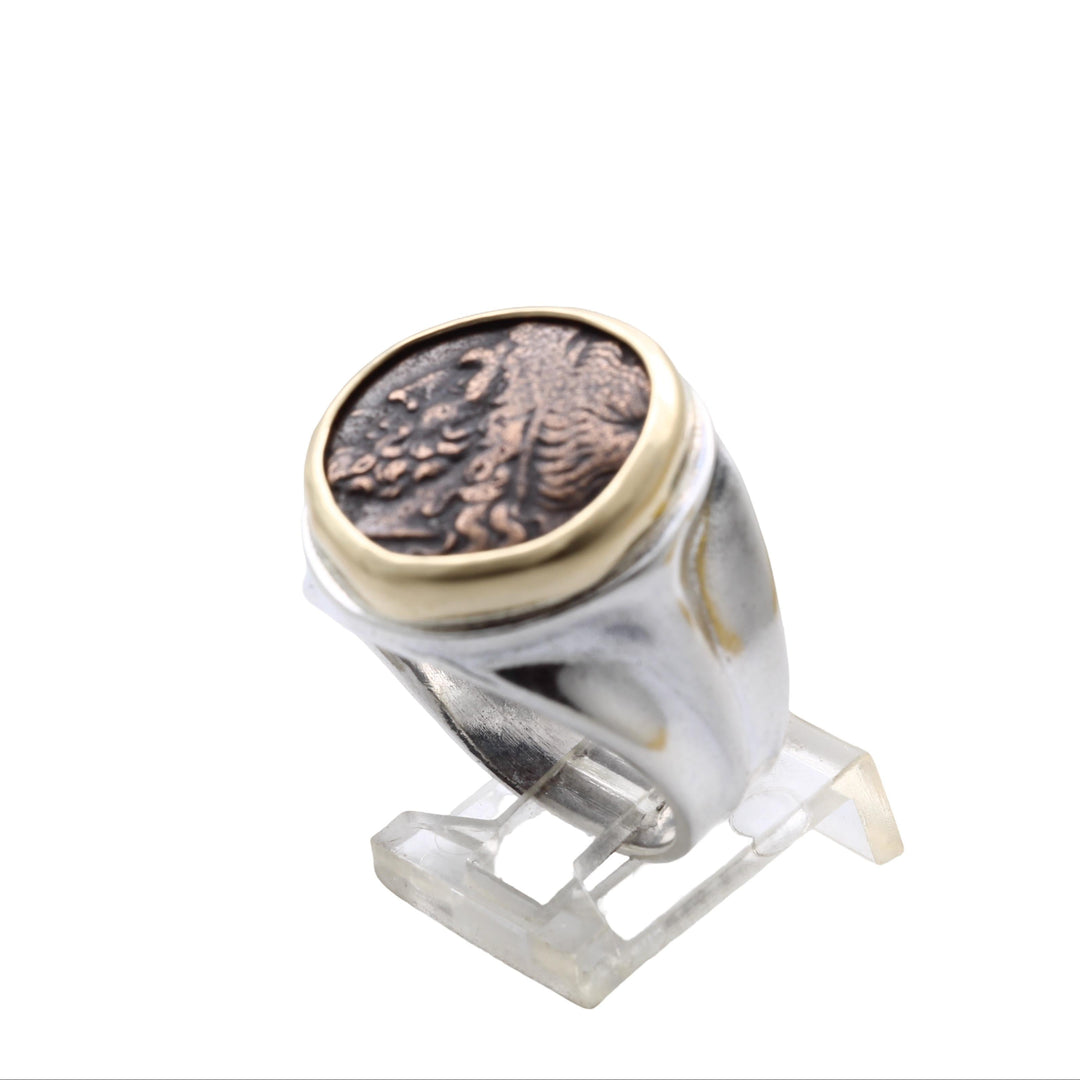 18K Bezel, Sterling Silver Ring, Hieron II, Poseidon and Triden, Ancient Bronze Coin, 8147