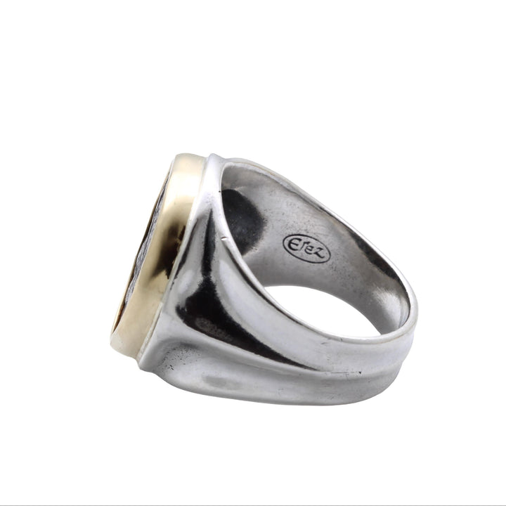 18K Bezel, Sterling Silver Ring, Hieron II, Poseidon and Triden, Ancient Bronze Coin, 8147