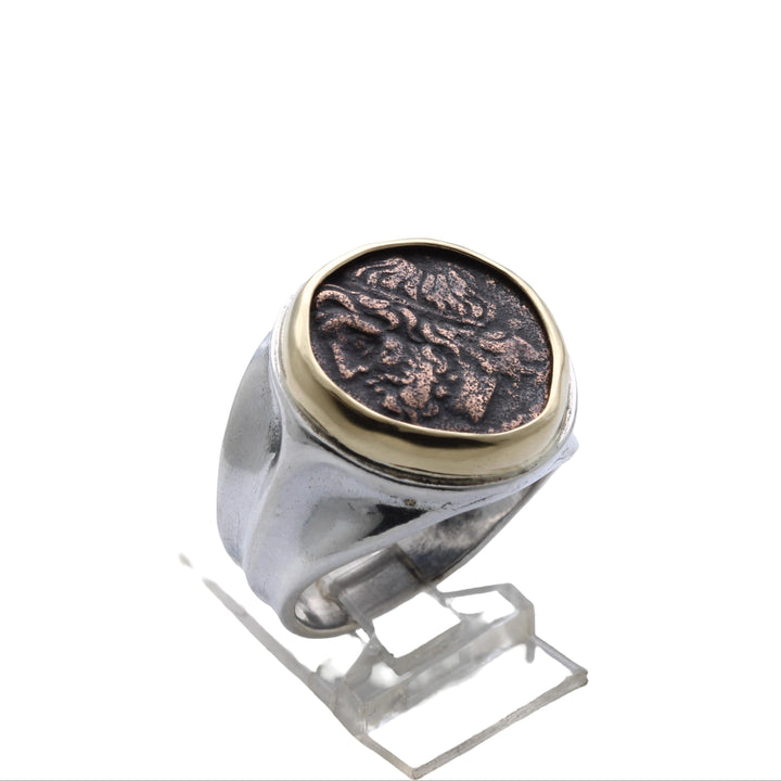 18K Bezel, Sterling Silver Ring, Hieron II, Poseidon and Trident, Ancient Bronze Coin, 8148