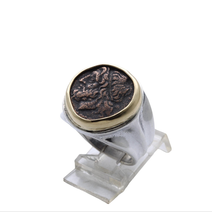 18K Bezel, Sterling Silver Ring, Hieron II, Poseidon and Trident, Ancient Bronze Coin, 8148