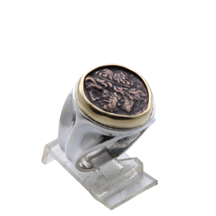 18K Bezel, Sterling Silver Ring, Hieron II, Poseidon and Trident, Ancient Bronze Coin, 8148